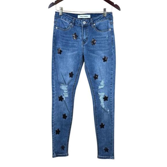 Ashley Mason Juniors Jeans sz‎ 7 Medium Wash Denim Black Sequins Slim Stretch - Picture 1 of 4